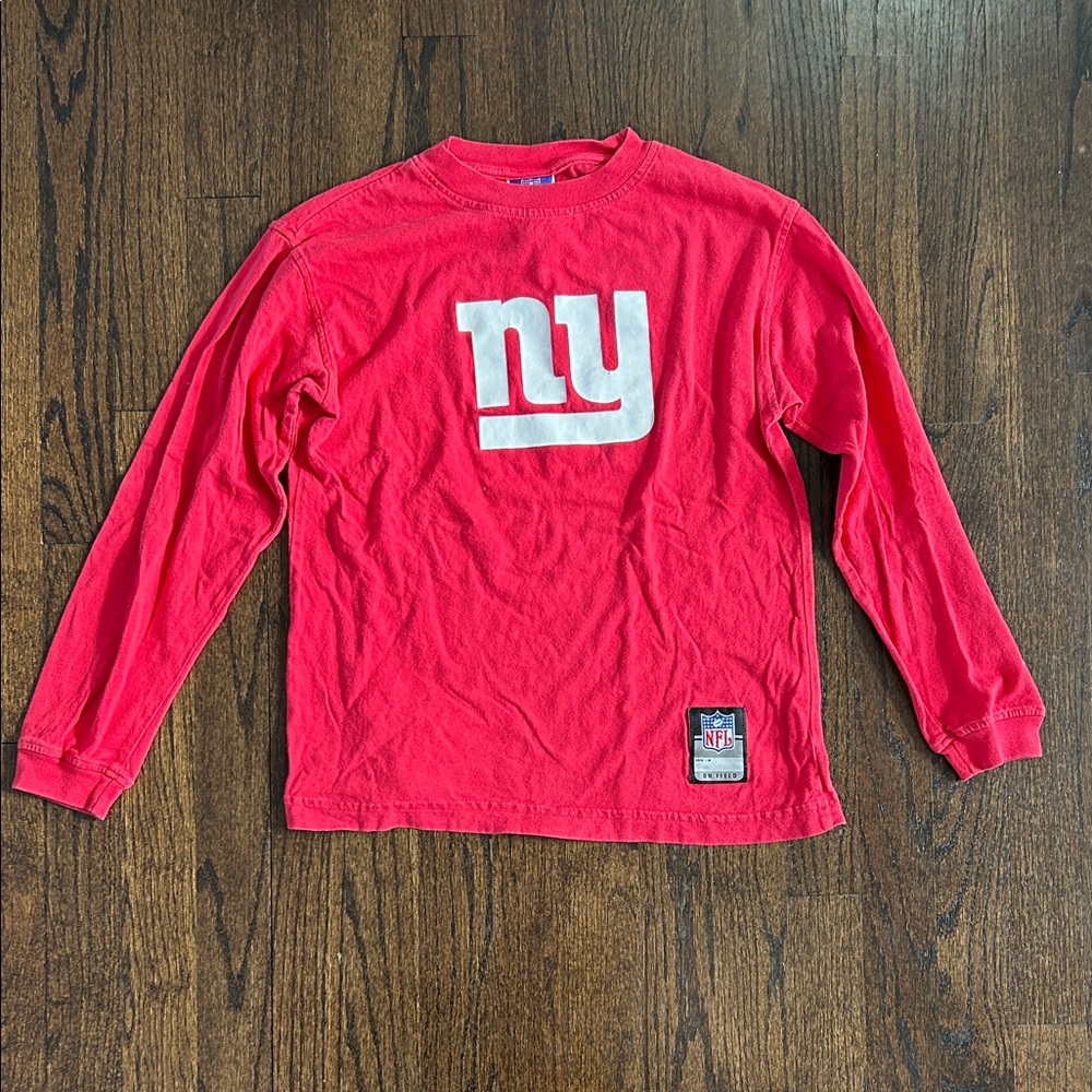 Reebok Boys Red Long Sleeve Tee with White NY Giants Logo Size Medium